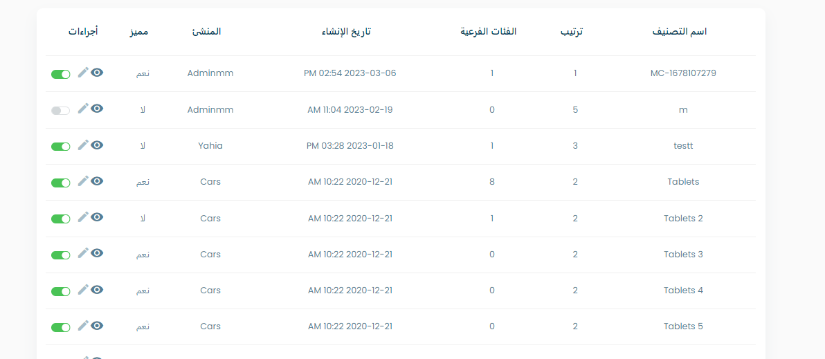 Category table screenshot