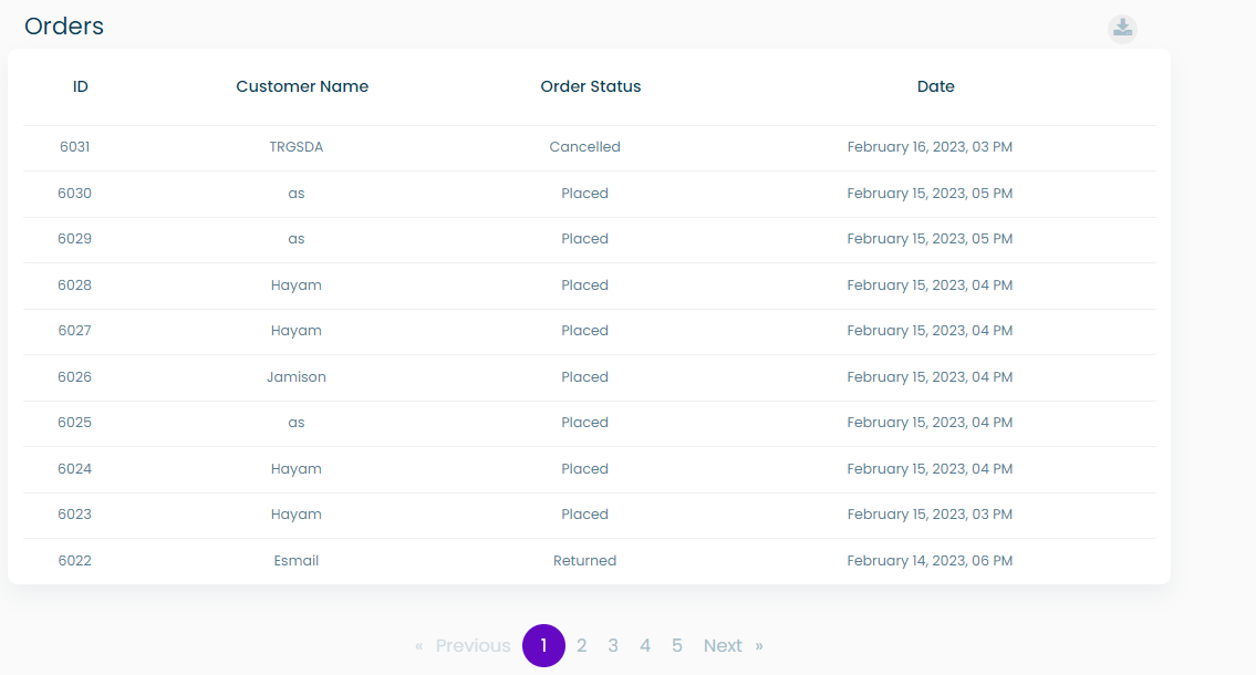 Orders table screenshot