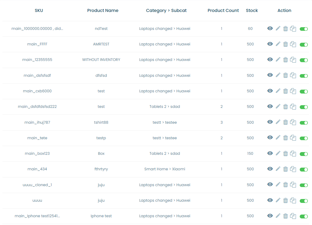 products table screenshot